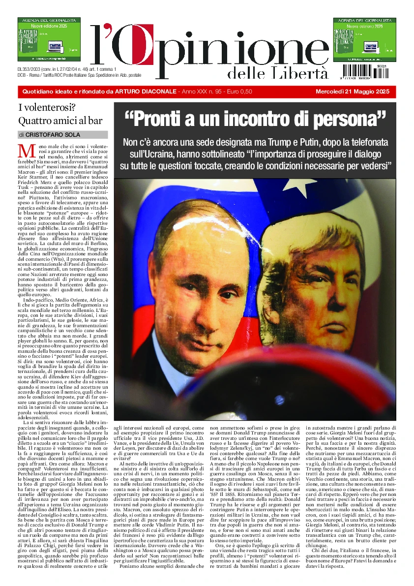 Prima-pagina-opinione della liberta-edizione-di-oggi-2025-05-21